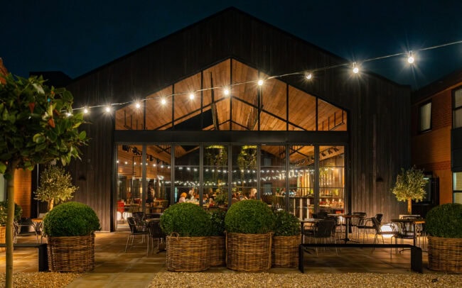 Hotel restaurant exterior at night
