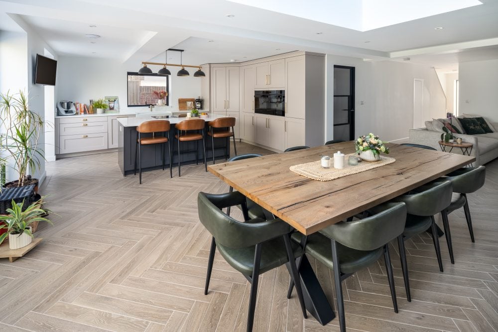 An open plan newly fitted kitchen photographed