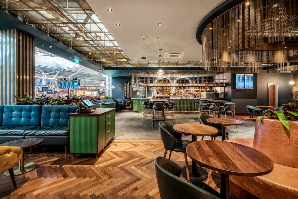 Stylish, relaxed bar setting in London airport
