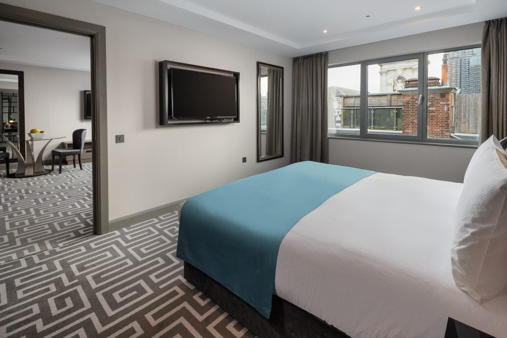 Hotel room photography - a hotel suite in a 5-star London hotel with separate bedroom and living space