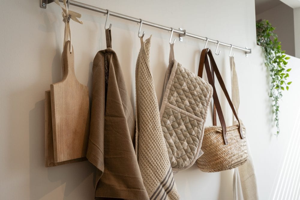 Kitchen accessories hanging up in natural light