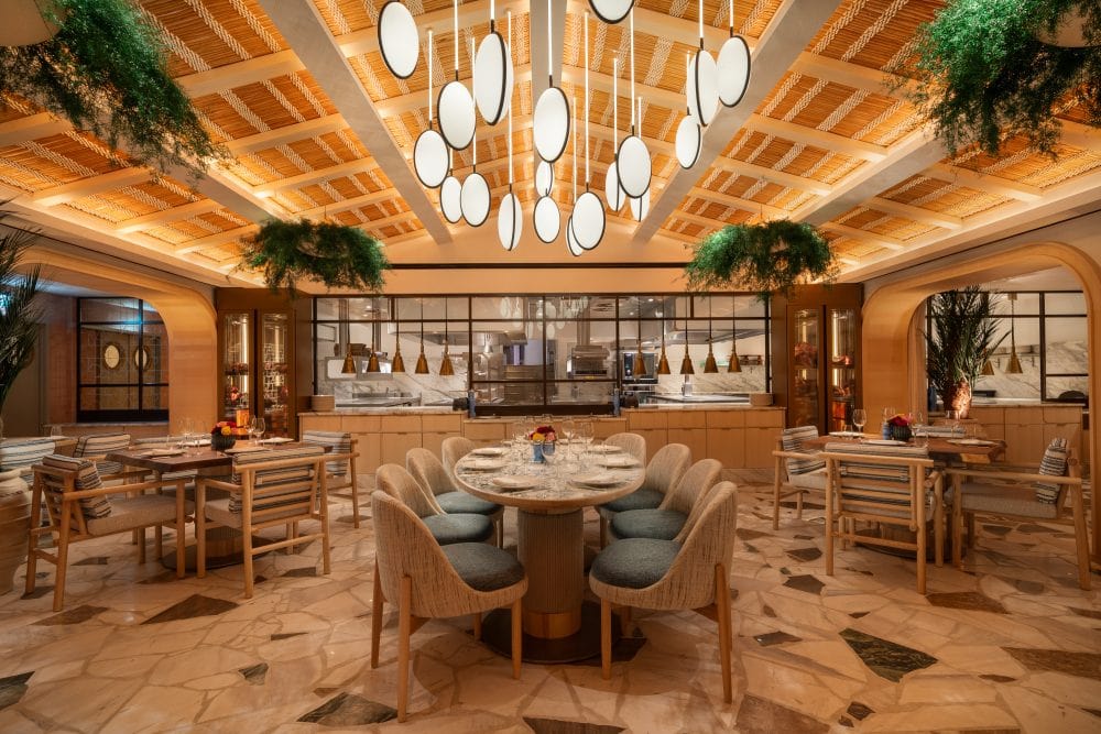 Nammos Mayfair dining room with hanging lighting decoration
